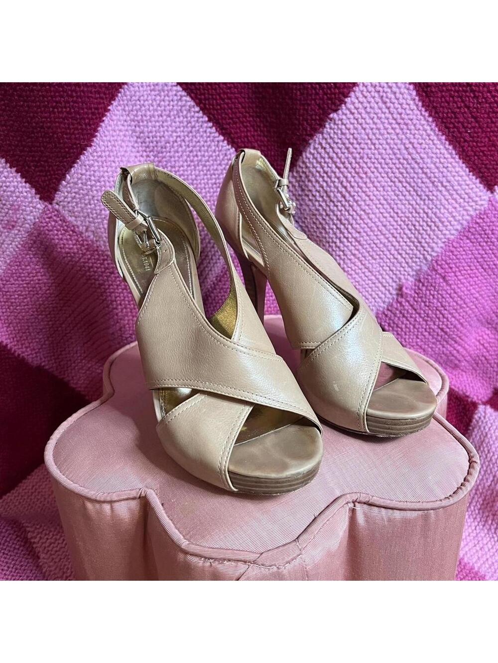 coach tan leather peep toe platform heels